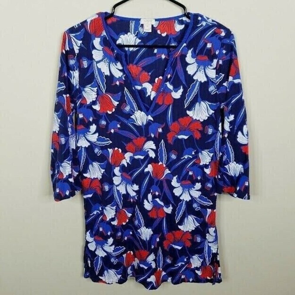J Crew Womens Tunic Size XS Red White Blue Floral V Neck 3/4 Sleeves 100% Cotton